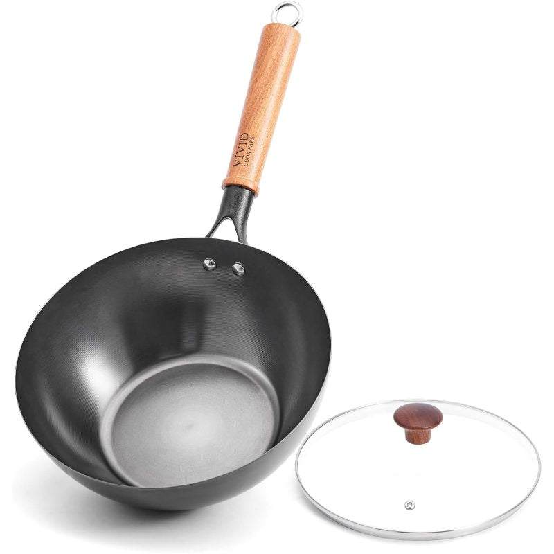 Carbon Steel Wok Pan with Lid, 9.8 Inch Deep Flat Bottom Wok, Coating-Carbon Steel Pan Stir Fry, Soup, Noodles, Braising Boiling, Small Induction Wok with Wooden Handle